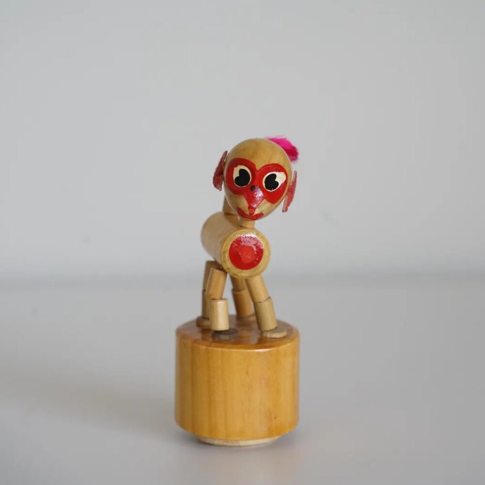 VTG Wooden Thumb Puppet MONKEY Push Button Collapsible Toy 3"